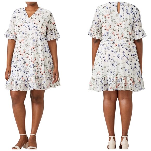 Junarose Floral Ruffle Hem Dress White Multicolor Size 16 - Picture 1 of 7